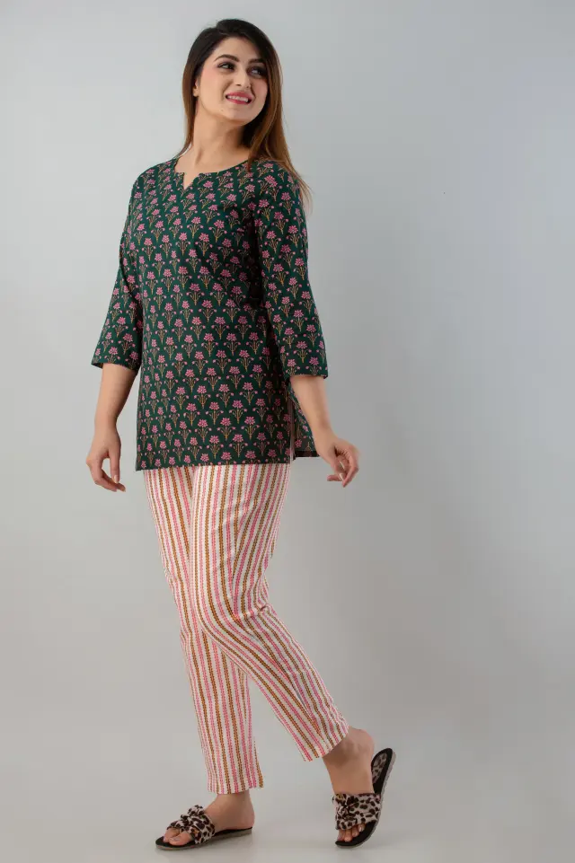 Cotton Flower Printed Green Night Suit
