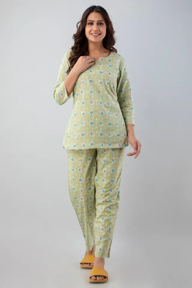 Cotton Printed Light Green Night Suit