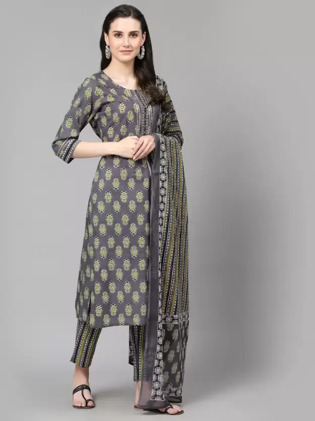 Women Pure Cotton Gray Kurta Pant Set